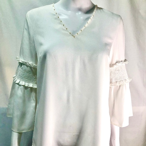 Karl Lagerfeld Smocked Bell Sleeve Blouse, Size XS - Picture 1 of 6